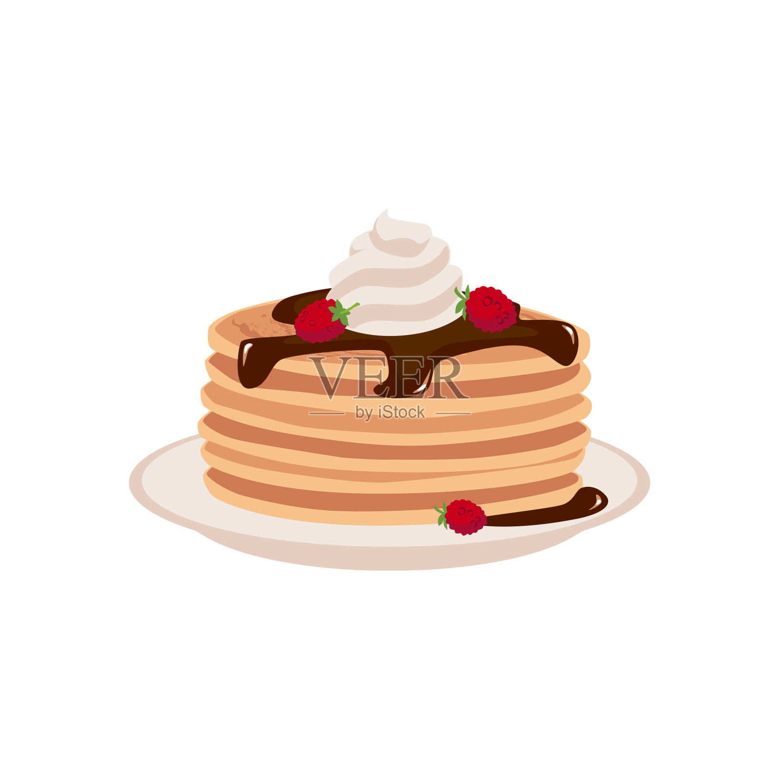 一叠煎饼与巧克力浇头，生奶油和覆盆子在一个盘子里，向量美味的甜烘焙食品插画图片素材