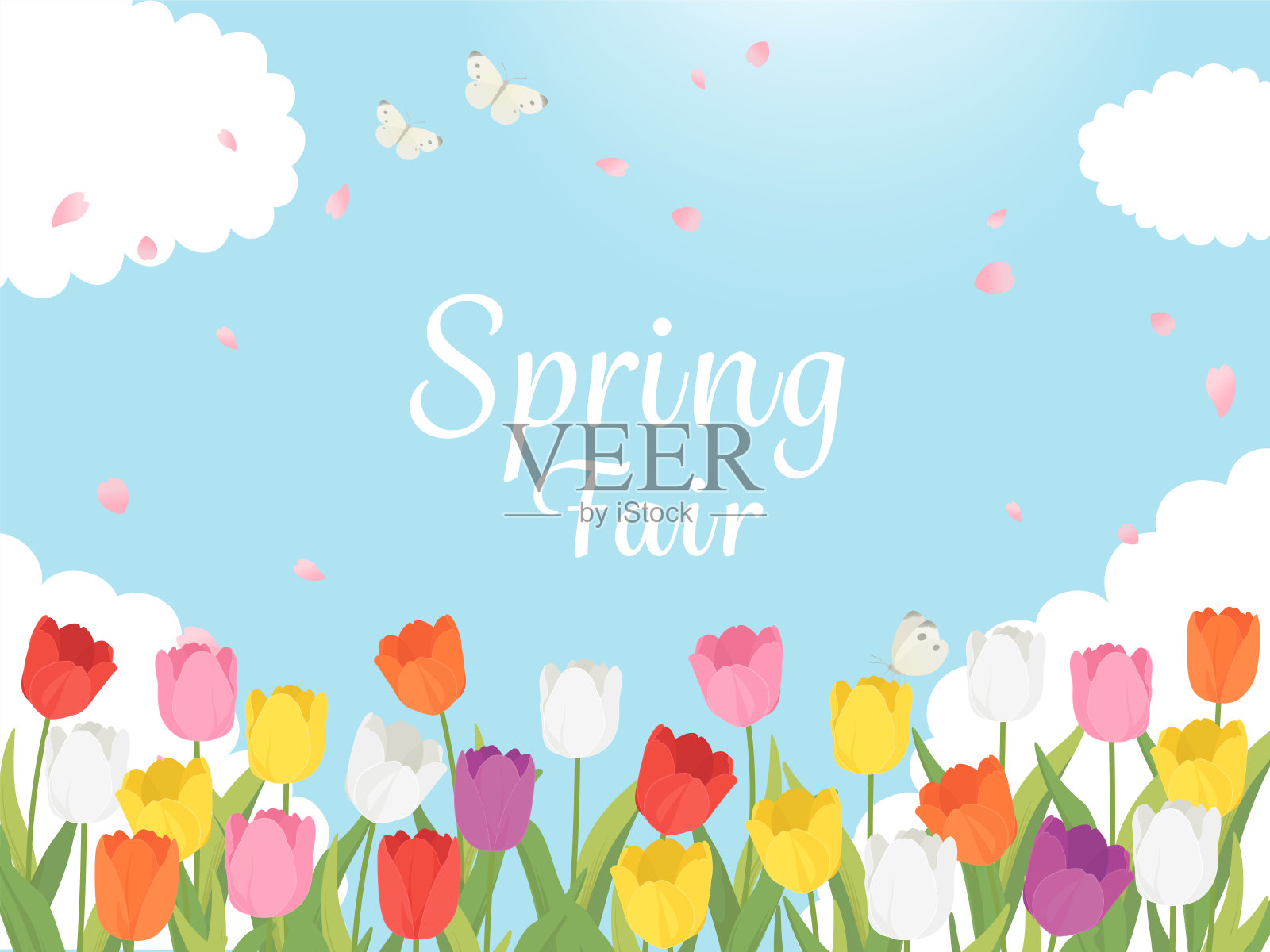 春交会旗帜材料郁金香田蓝天风光插画图片素材