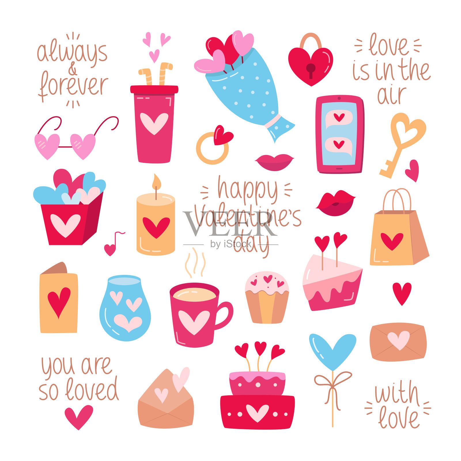 情人节手绘平面颜色矢量集。设计元素和剪贴画的情人节收集。可爱的彩色插图蛋糕，爱饮料，嘴唇吻，戒指，信封，心。插画图片素材