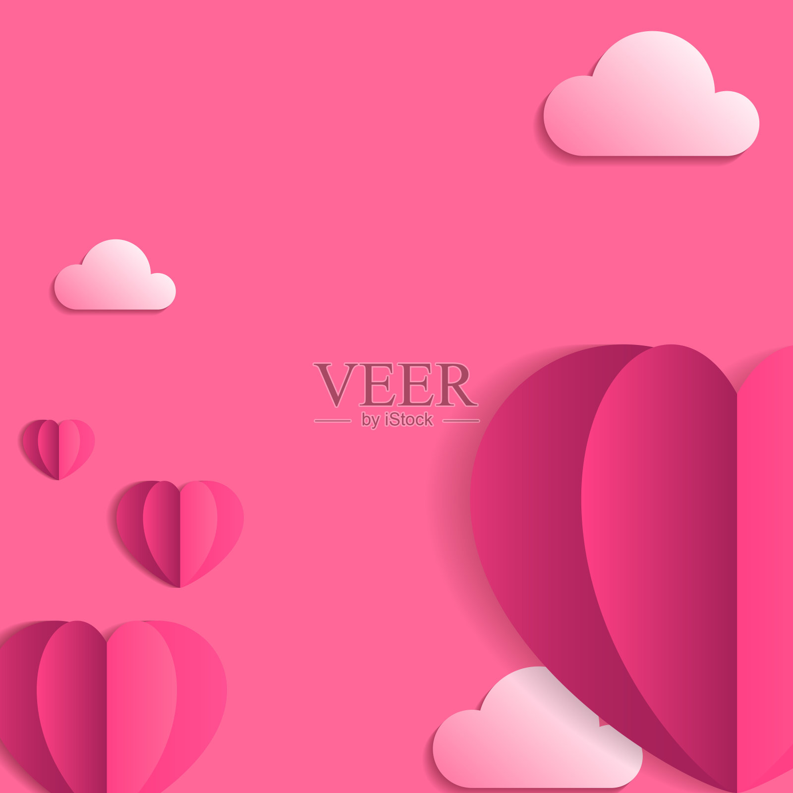 粉红色的背景剪纸心和云插画图片素材