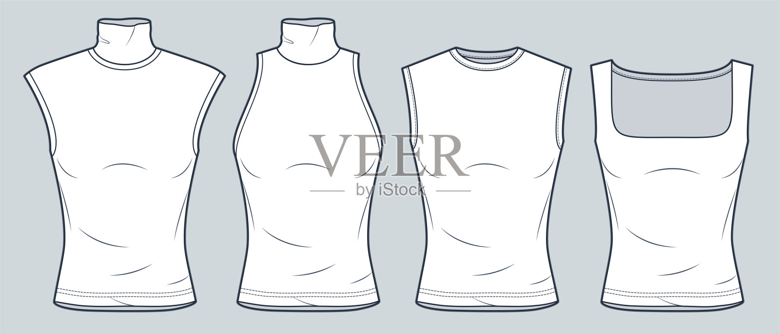无袖t恤技术时尚插画。Slim Fit Top时尚平面技术图纸模板，圆领，卷领，方领，正面视图，白色，女性，男性，男女通用的Top CAD模型集。插画图片素材
