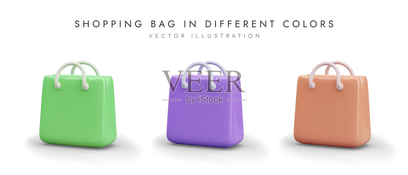 3d逼真的购物袋在绿色，紫色和橙色的颜色插画图片素材