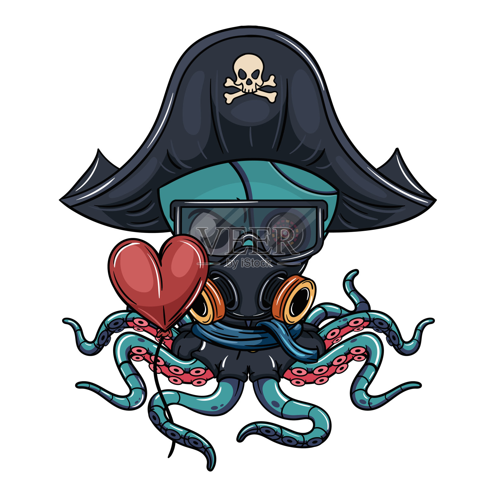 章鱼卡通半机械人漫画愤怒的海盗戴着眼镜和防毒面具，他的机器人触角上有一个心脏气球。插图的幻想，科幻小说和冒险漫画插画图片素材