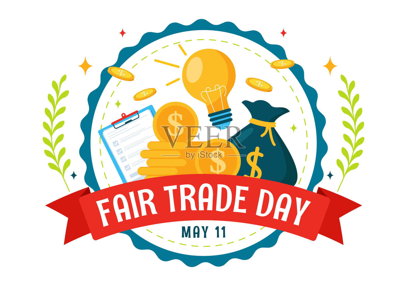 5月11日世界公平贸易日矢量插图，在平坦的背景下，为气候正义和地球经济绘制金币、天平和锤子插画图片素材