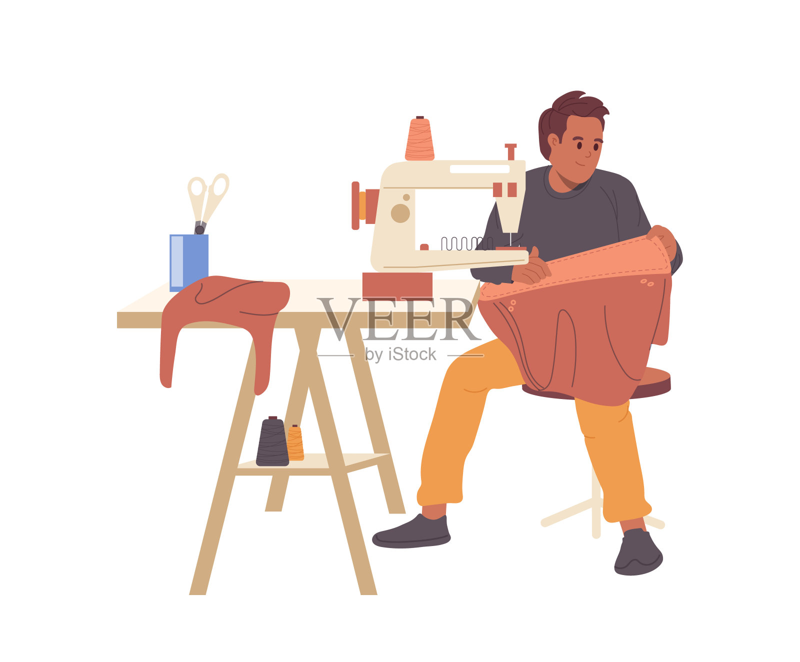 在车间的生产过程中，年轻人在机器上用皮革缝制女性时尚包插画图片素材