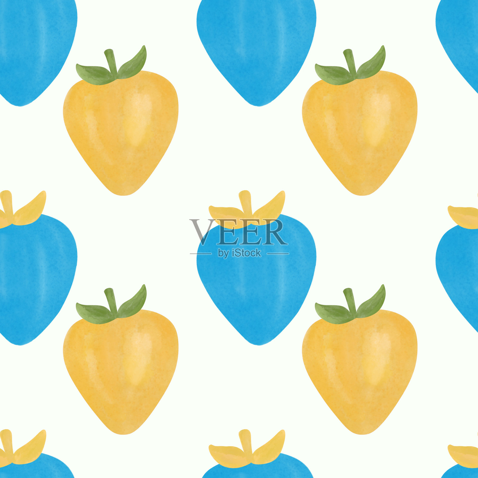 无缝背景与水果。一组贴纸的插图。黄色和蓝色的浆果图案。白色背景上的各色卡通草莓插画图片素材