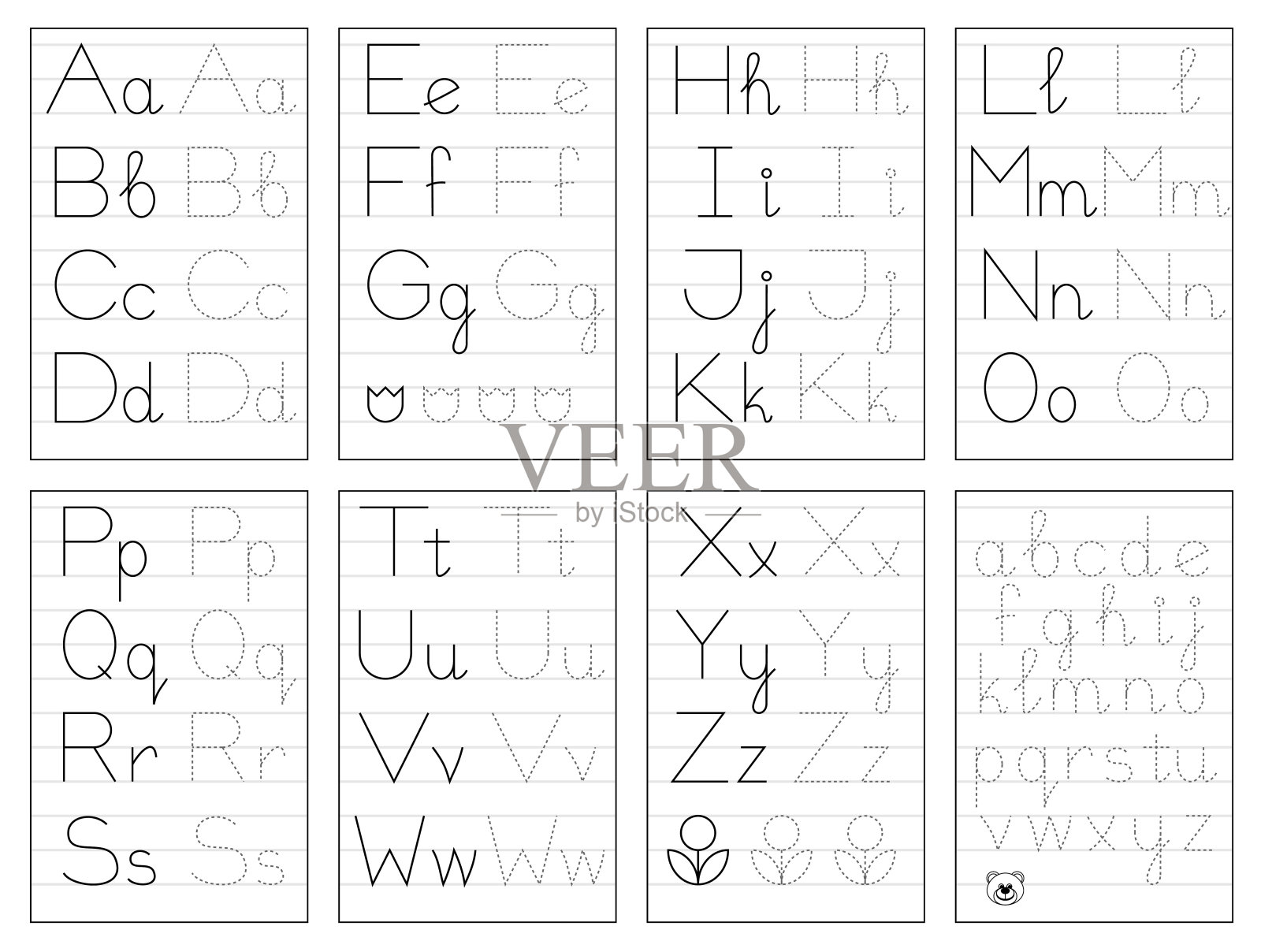 一套黑白教育网页在网上的孩子。描摹字母。可打印的儿童课本工作表。培养写作技能。矢量婴儿书。回到学校。插画图片素材