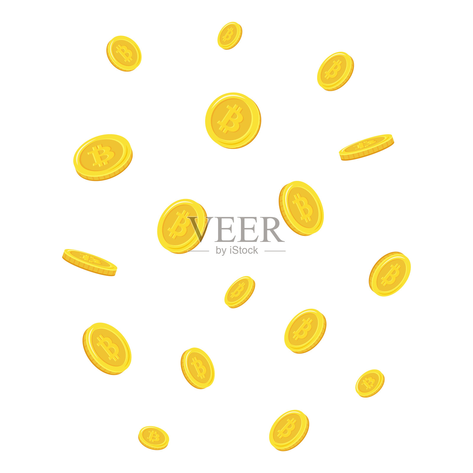 比特币的硬币。落下的硬币，落下的钱，飞扬的金币，金色的雨。插画图片素材