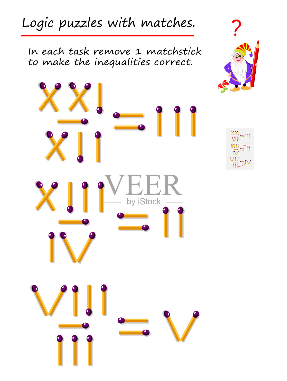 逻辑益智游戏与比赛。在每个任务中移动1根火柴棍来纠正不平等。用罗马数字除法任务。可打印页面脑筋急转弯书。发展空间思维。矢量图像。插画图片素材