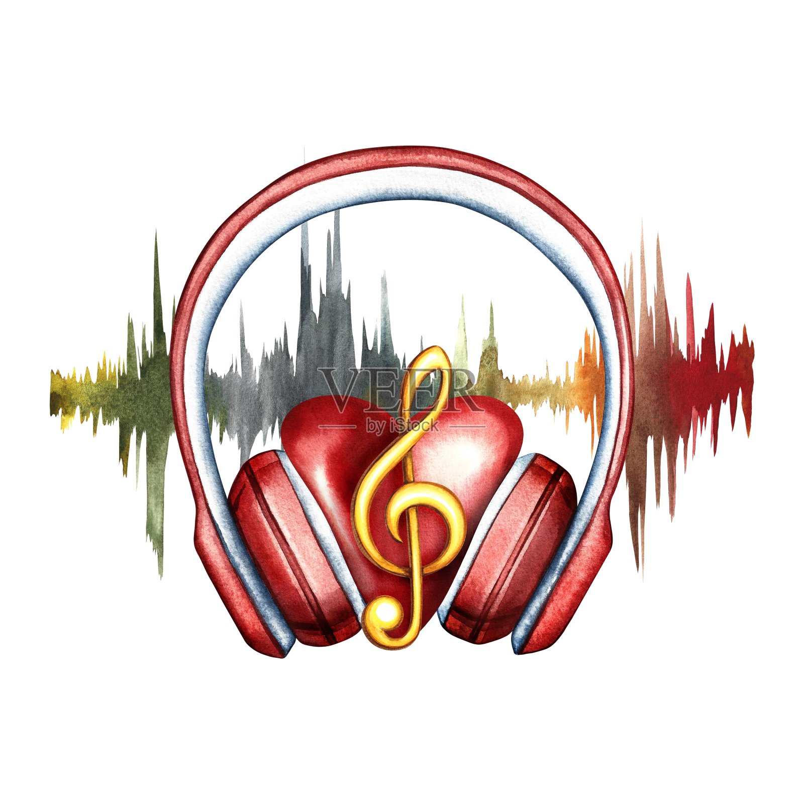 一颗心在耳机的频率上发出音频信号。水彩插图是手绘的。用于制作海报、传单和邀请卡。用于明信片，标志，徽章，贴纸和印刷品。插画图片素材