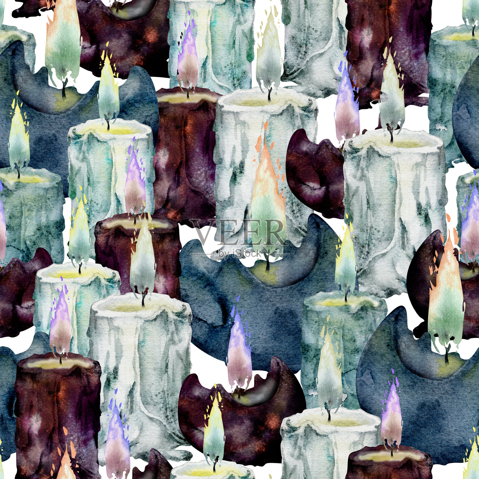 手绘水彩插图海巫婆祭坛对象。燃烧柱和球的蜡烛与火焰，蓝色的紫色。无缝图案隔离在白色背景。设计印刷、店铺、包装插画图片素材