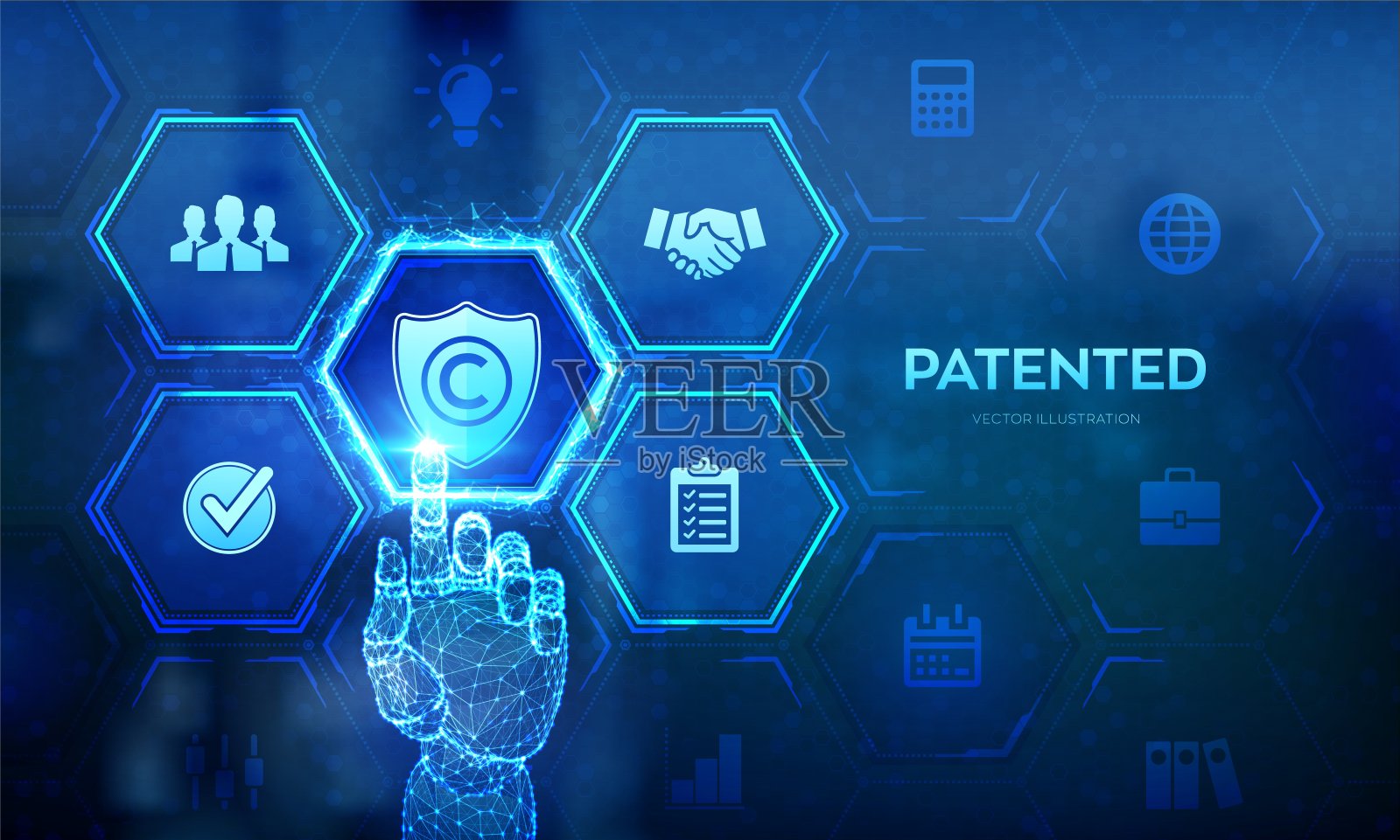 专利。专利著作权法。版权。作者权利，专利知识产权经营技术概念上的虚拟屏幕。线框手触数字界面。矢量插图。插画图片素材