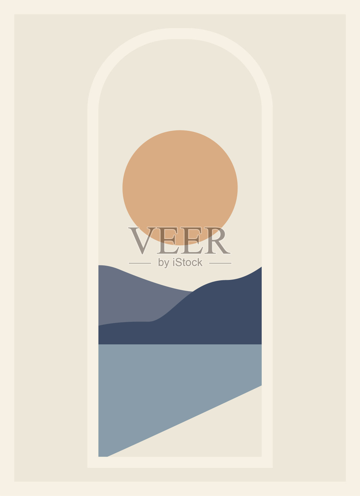 海滨山景插画海报。极简主义的现代矢量卡通水景。插画图片素材