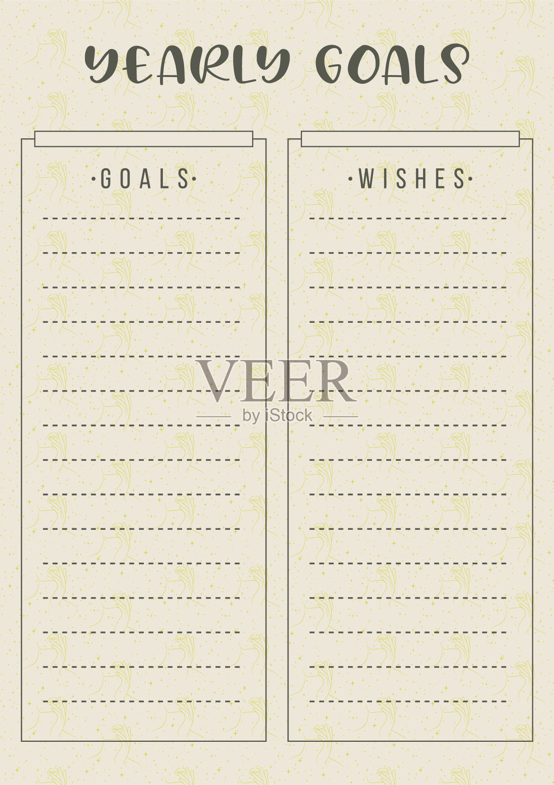 目标规划模板与女性打印。线形女性轮廓米色背景空白可打印纸张。插画图片素材