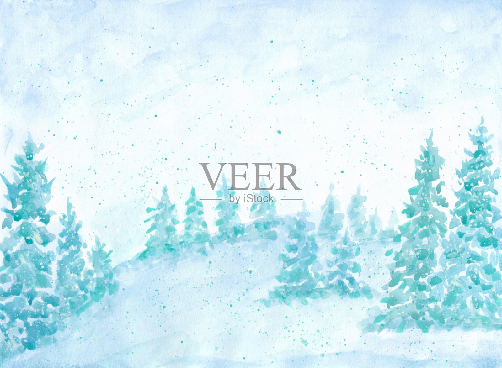 冬季概念水彩画。大雪，自然圣诞树的背景。冬天的风景。插画图片素材