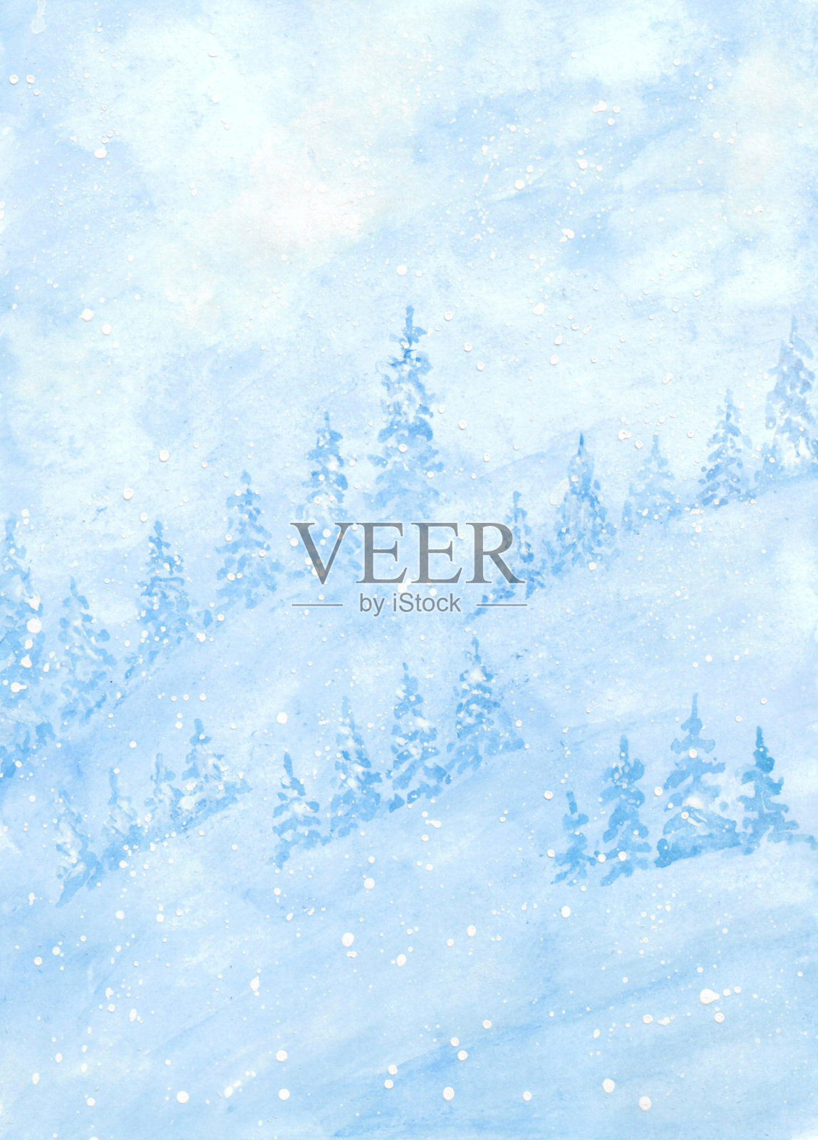 冬季概念水彩画。高山，大雪，自然的圣诞树背景。冬天的风景。插画图片素材