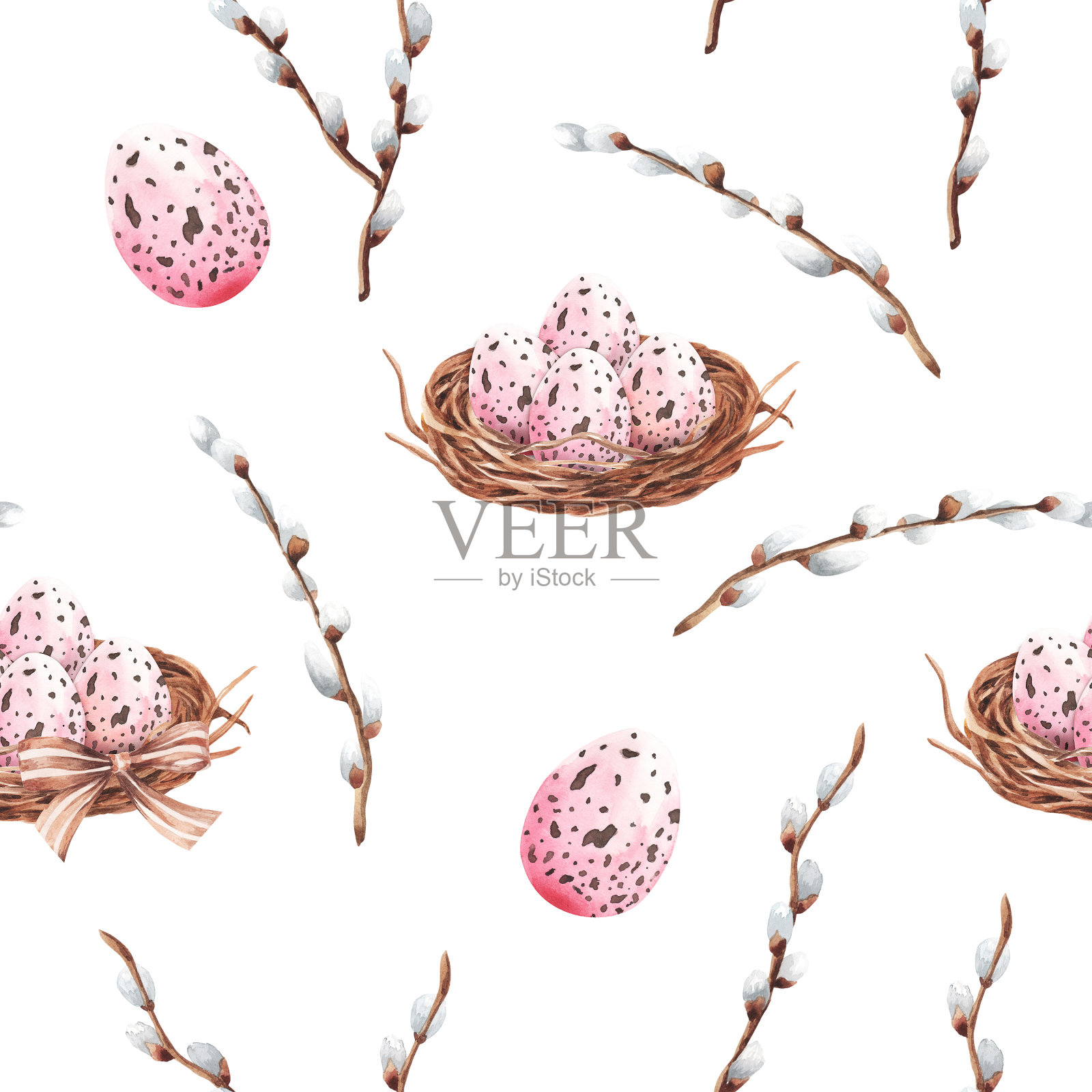抽象无缝水彩图案与鸟巢和柳枝和粉红色的鸡蛋手绘插画图片素材