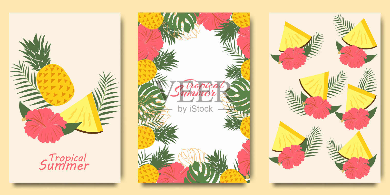 班纳:你好，夏天。明亮，彩色，热带树叶和花朵的黄色背景。创意，异国情调的框架。夏天矢量设计的邀请，海报，卡片，横幅。插画图片素材