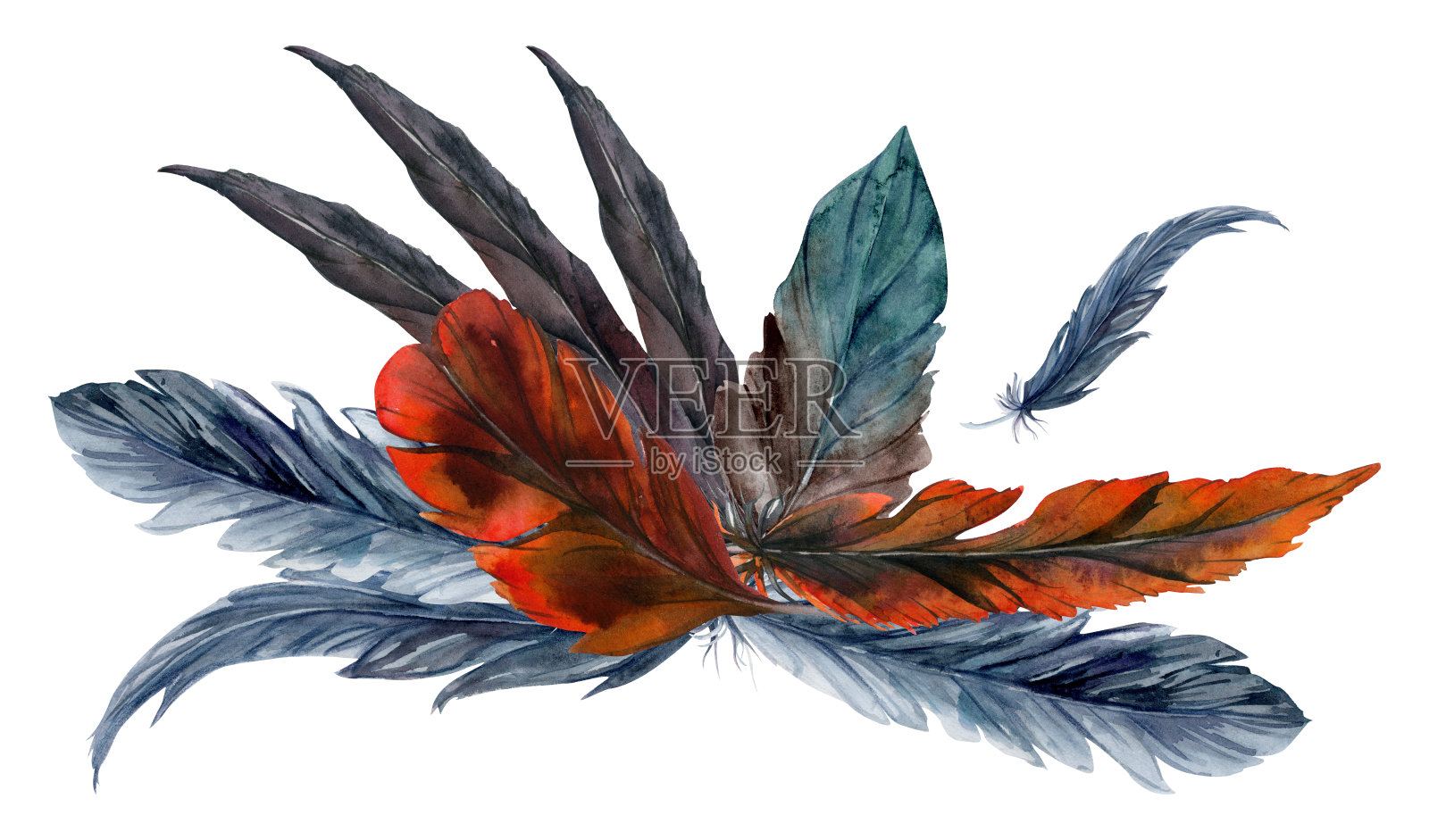 手绘水彩画鸟羽毛羽毛羽毛羽毛波西米亚部落民族印第安红蓝。在白色背景上孤立的构图。设计符咒、护身符、捕梦网、剪贴簿、手工工艺品、纹身插画图片素材