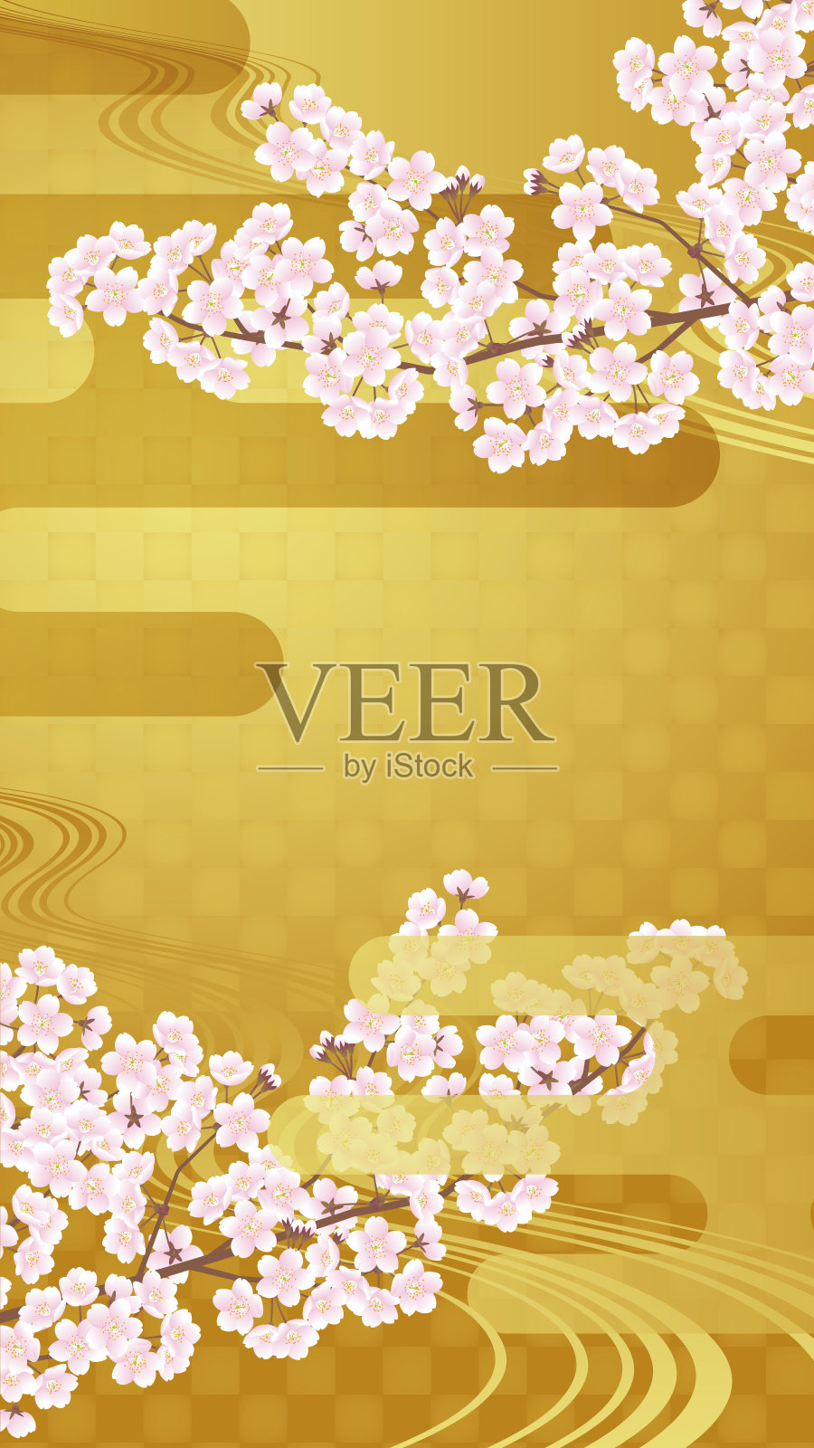日式背景。金色背景与樱花插图插画图片素材