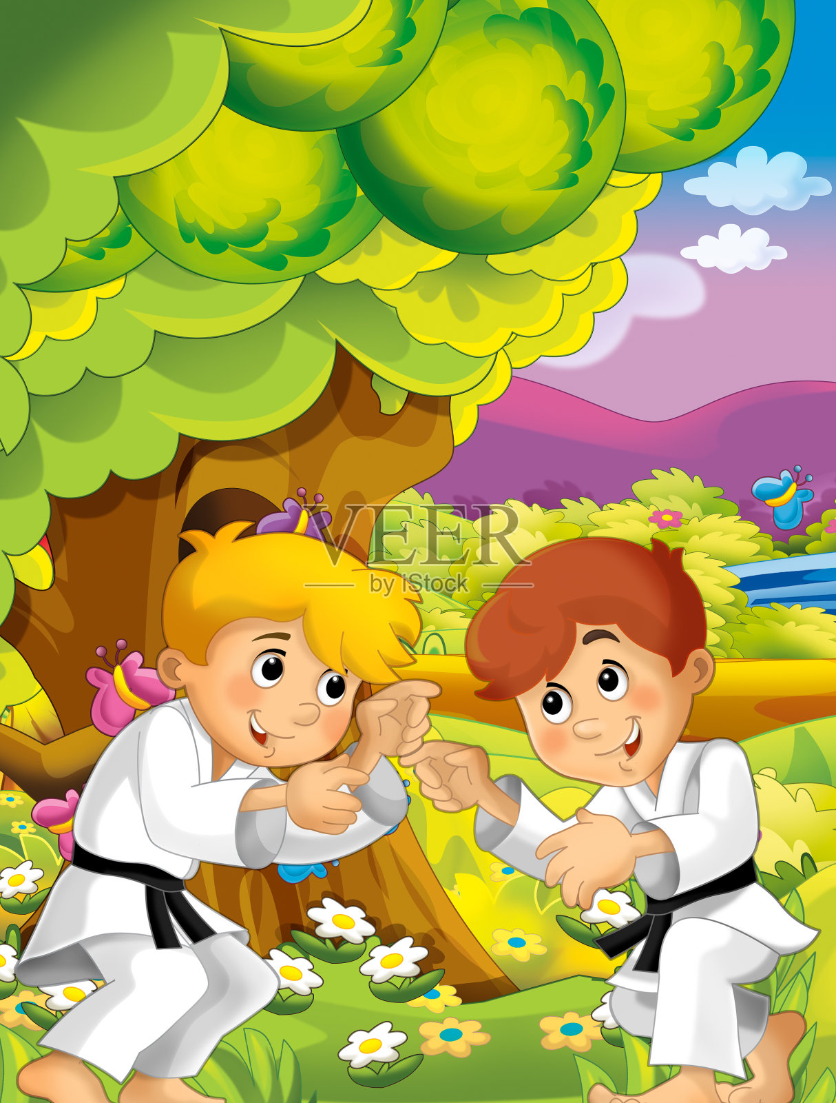 卡通快乐和有趣的场景，孩子在公园里玩得很开心-儿童插图插画图片素材