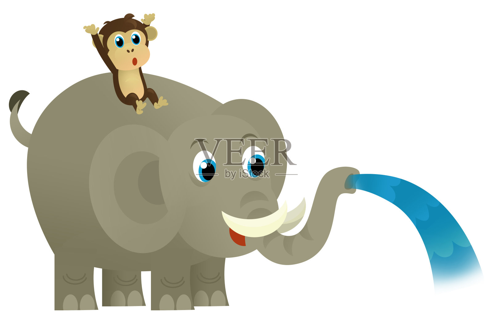 卡通野生快乐小象溢出水与其他动物孤立插图儿童插画图片素材