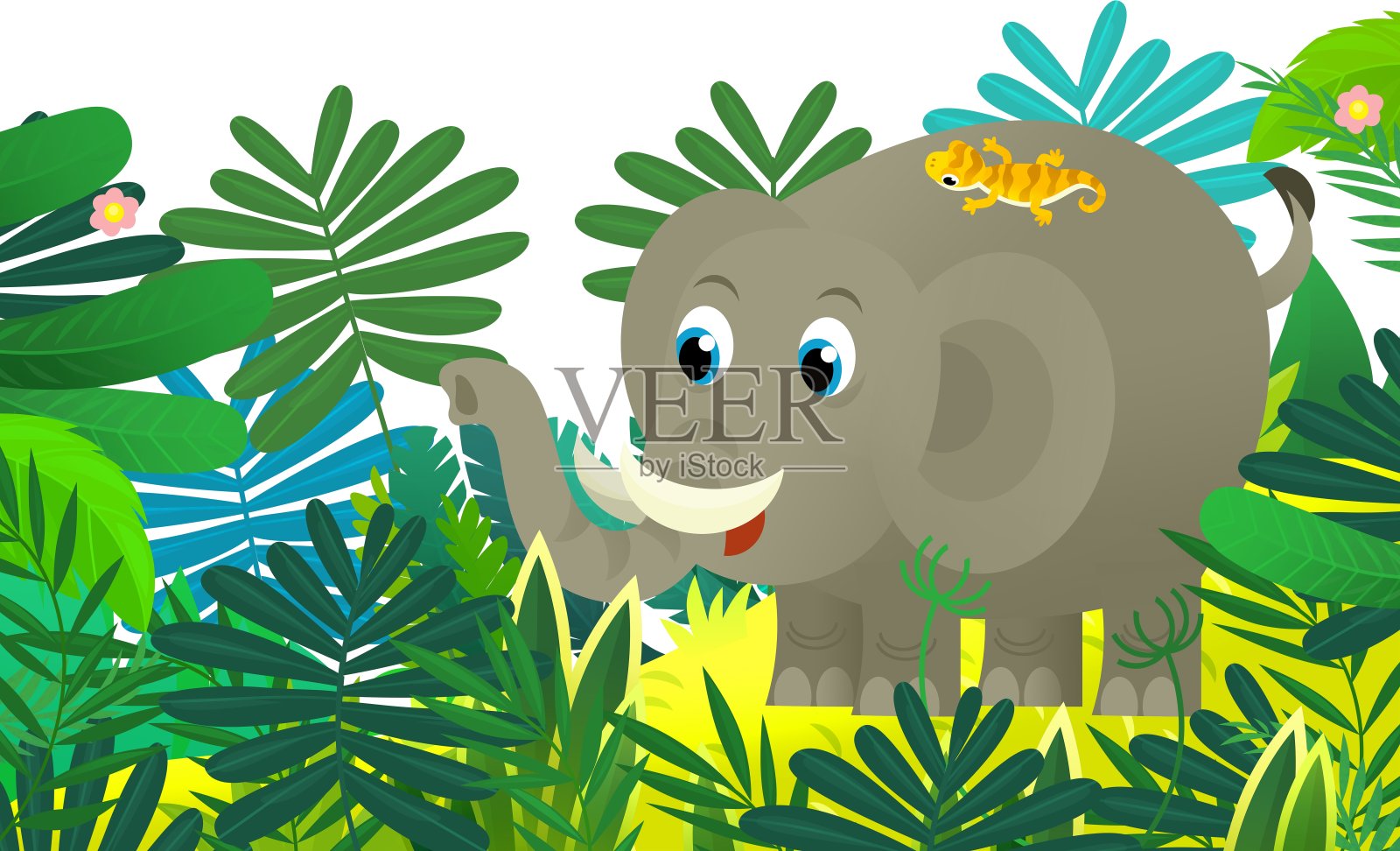 卡通野生动物快乐小象与其他动物朋友在丛林孤立的儿童插图插画图片素材