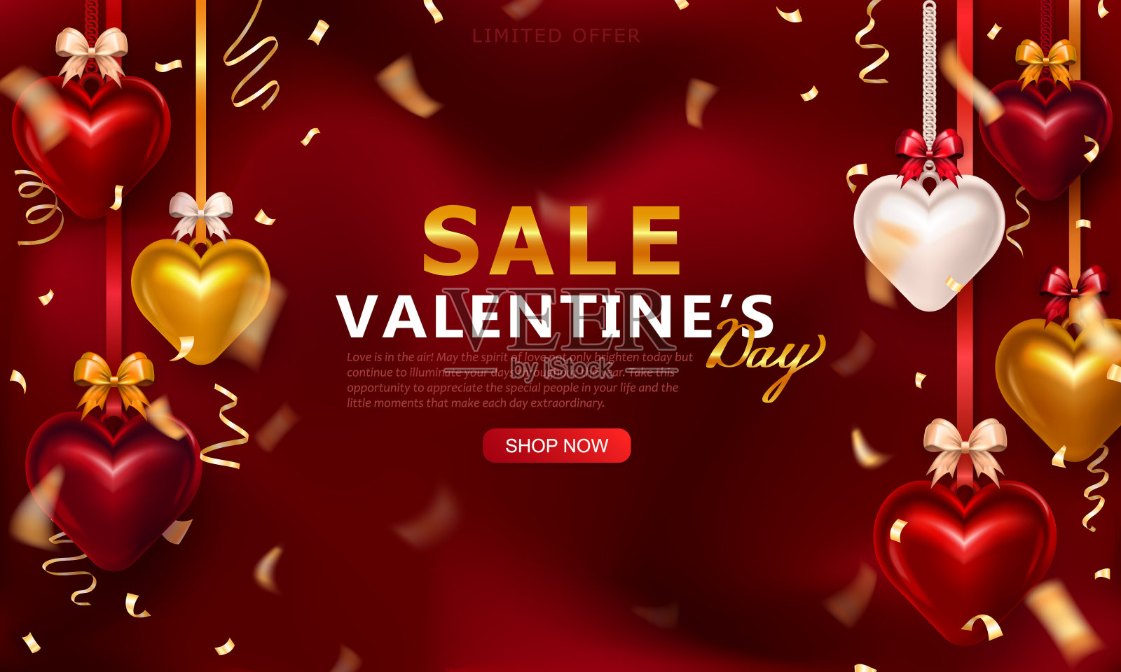 情人节促销banner：悬挂在丝带上的3D光面红心和金色纸屑插画图片素材