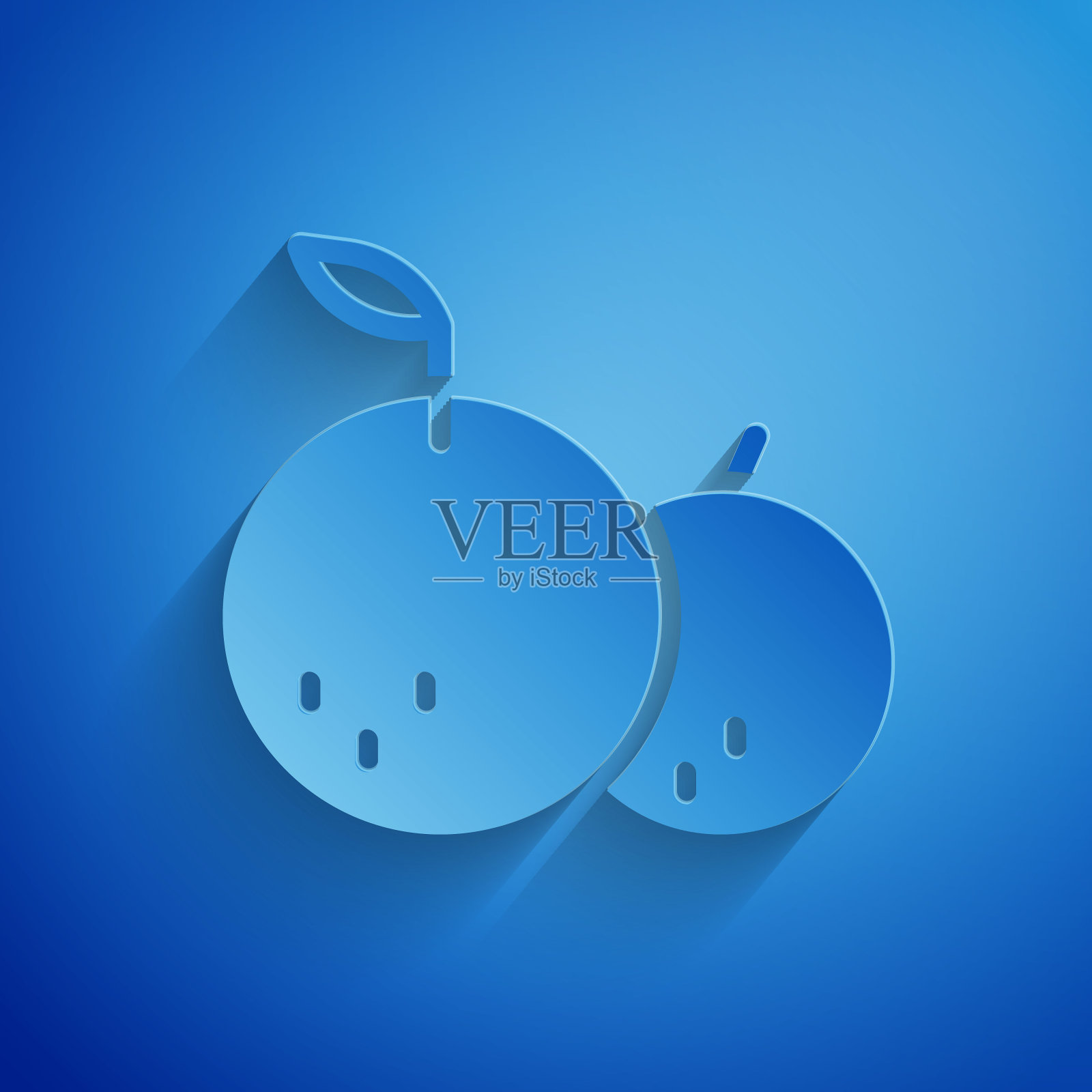 剪纸橘子图标孤立的蓝色背景。圣诞快乐，新年快乐。纸艺风格。向量插画图片素材