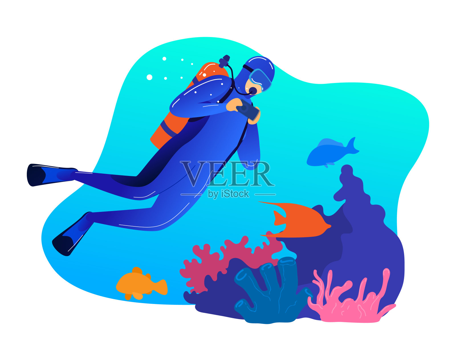 男专业水下游泳，男人物职业潜水隔离白色，卡通矢量插图。潜水员拍摄海洋生物。插画图片素材