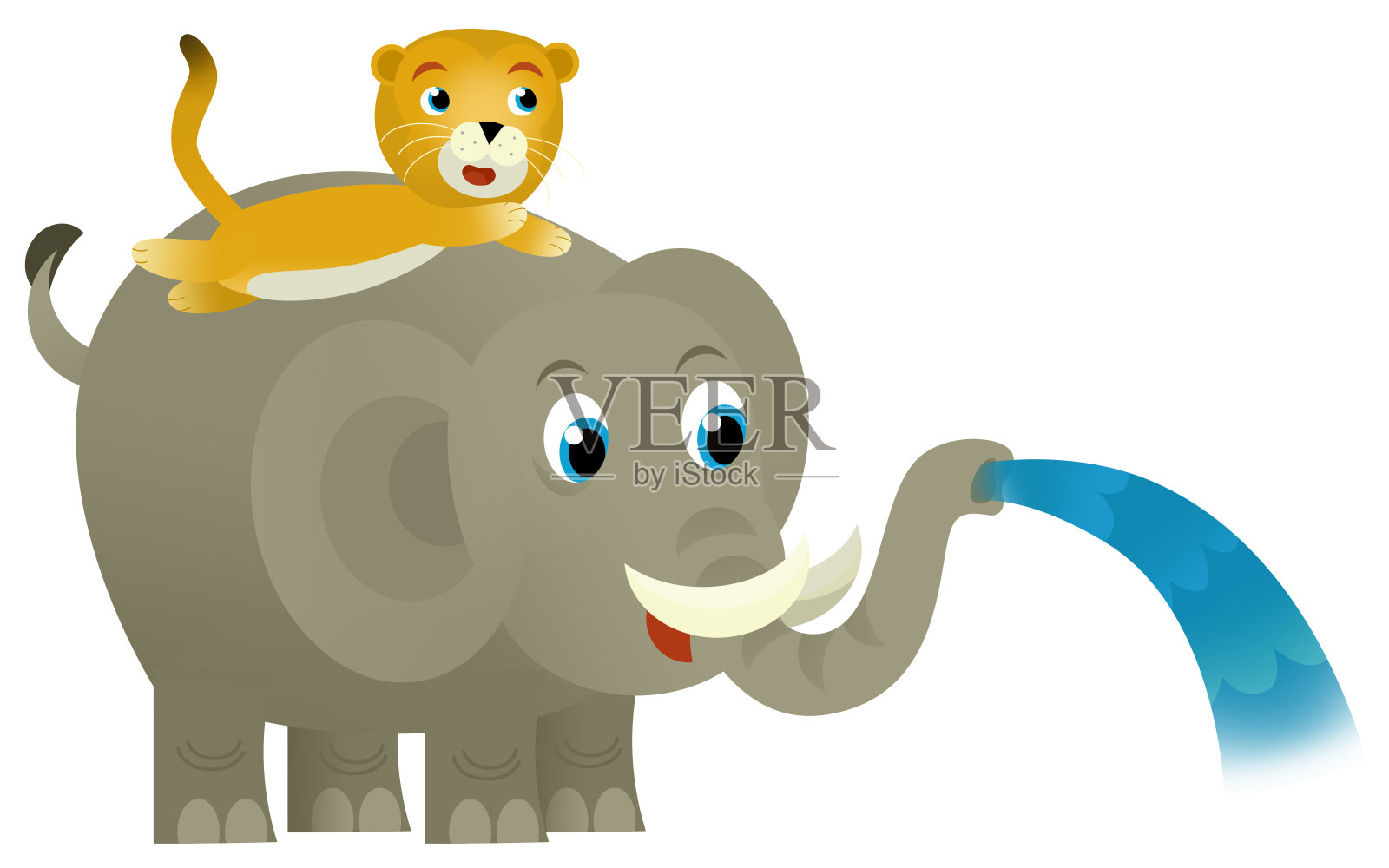 卡通野生快乐小象溢出水与其他动物孤立插图儿童插画图片素材