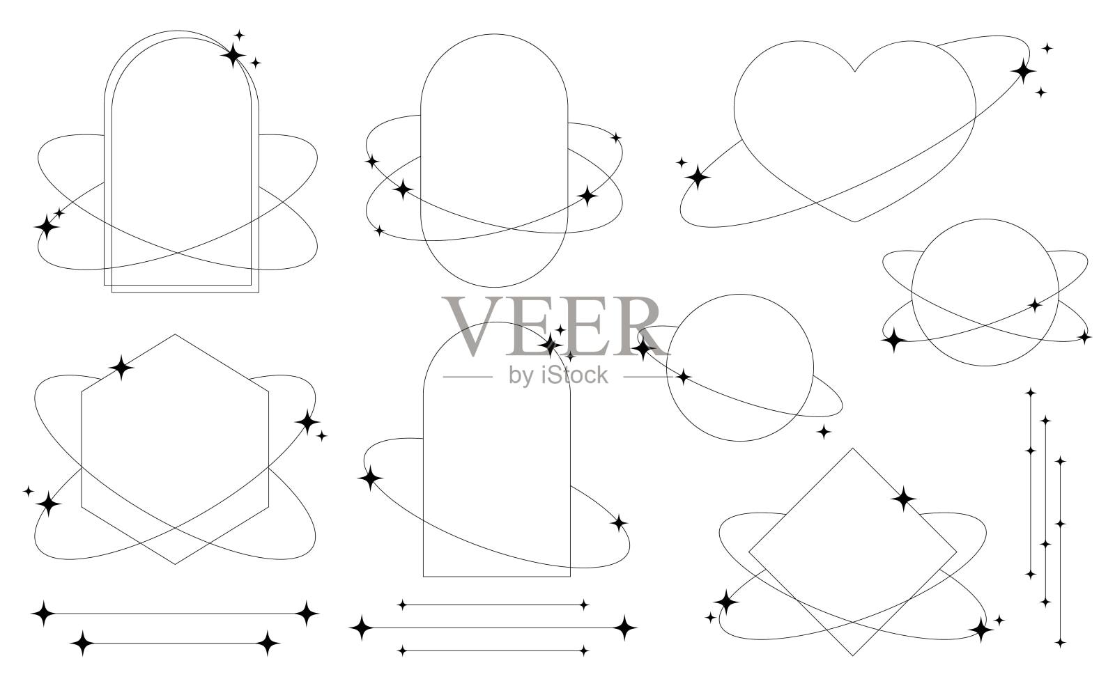 一套几何美学抽象线条框架和形状与星星波西米亚，野蛮主义，千年虫风格。几何元素与火花模板设计社交媒体，海报，横幅，标志，贴纸插画图片素材