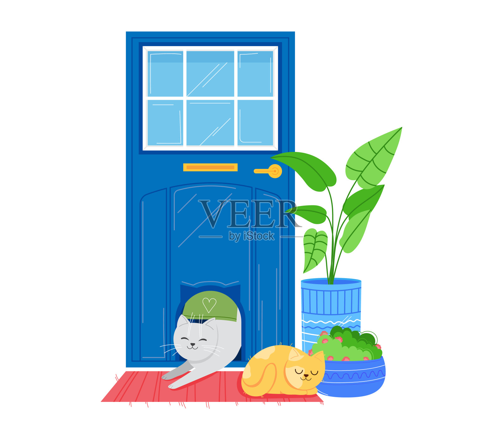 两只可爱的猫在一扇蓝色的前门旁边休息，门口有一棵室内植物。安静的宠物享受舒适的家入口。宁静的家庭生活和宠物护理矢量插图插画图片素材