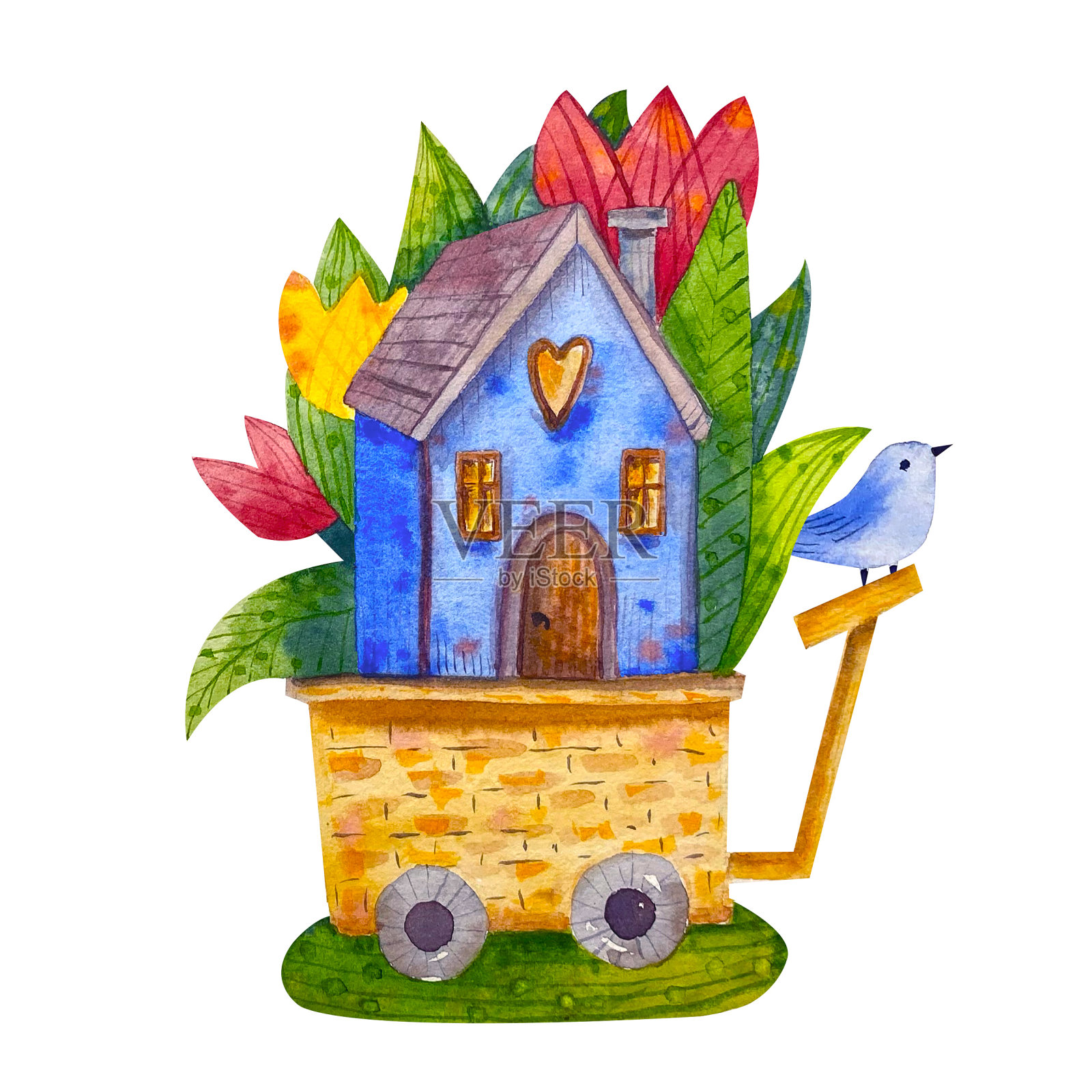 童话背景与蓝色的房子，花，和鸟。插画图片素材