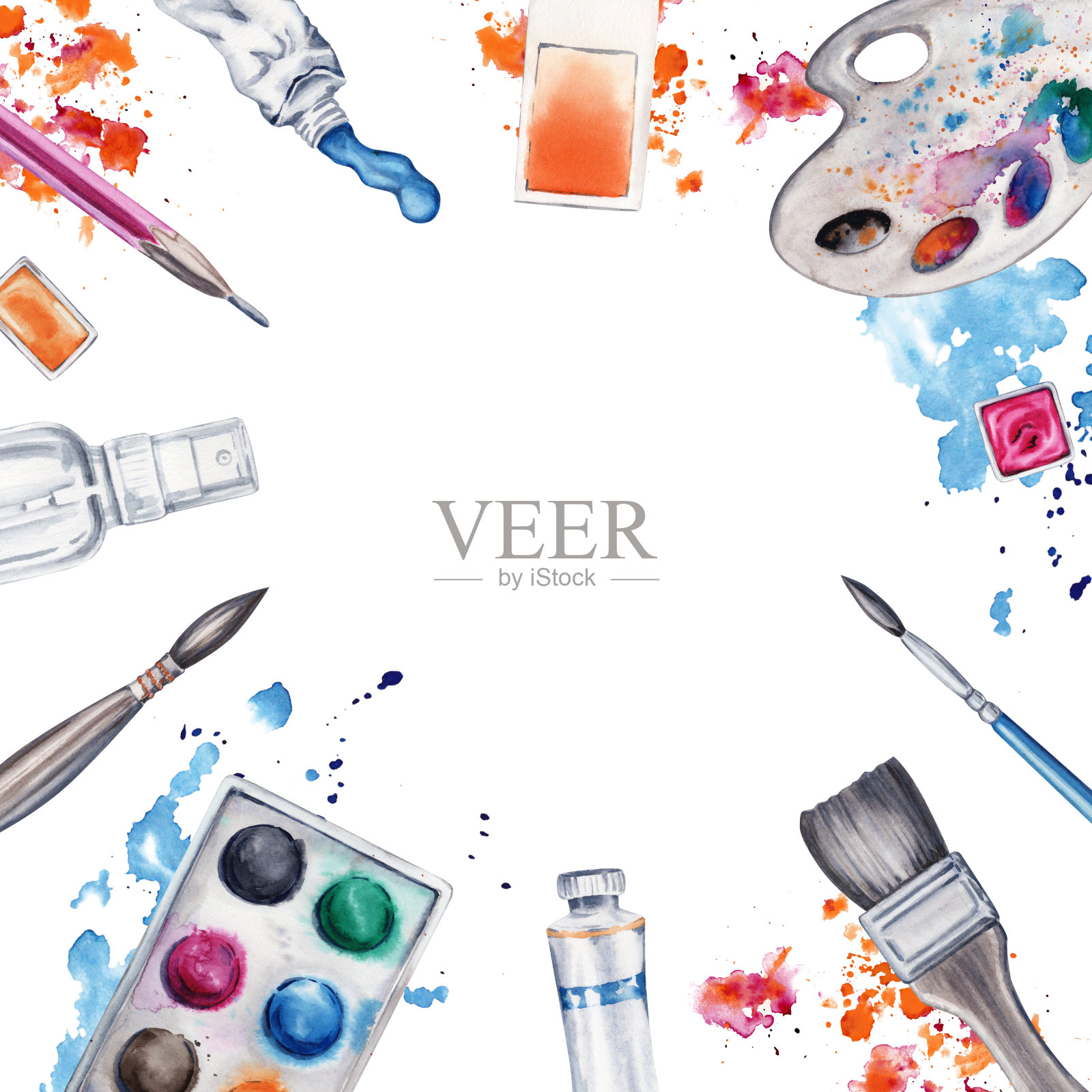 用调色板、刷子、铅笔、彩色泼墨、墨水、油漆和水喷平。水彩插图孤立的白色背景。艺术课，商店，传单，课程的边界设计插画图片素材