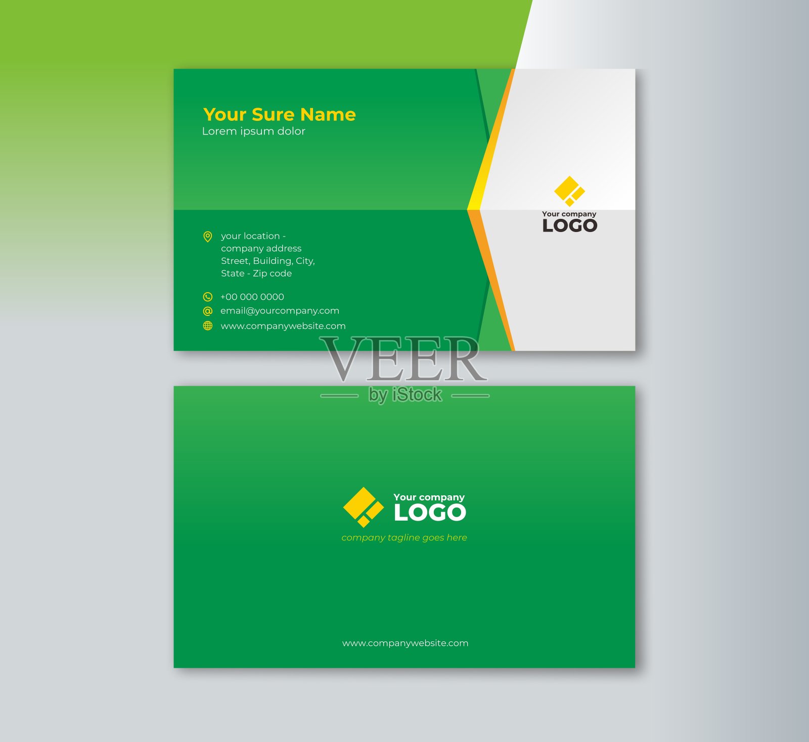 双面名片模板与抽象的几何形状在绿色背景插画图片素材