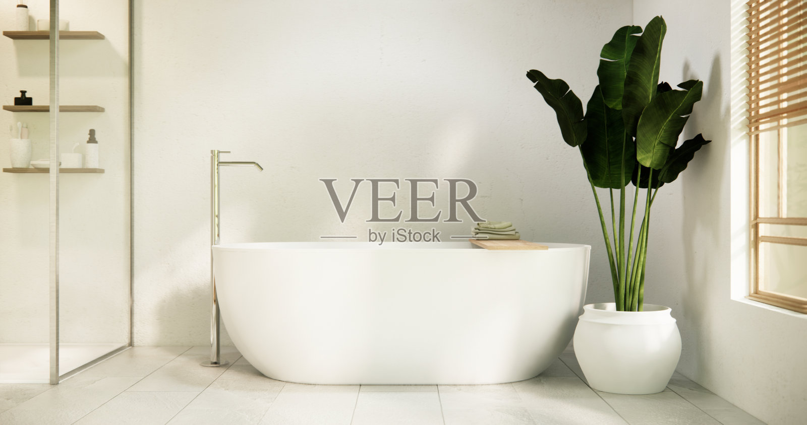 白色浴室现代日本简约风格。三维渲染照片摄影图片