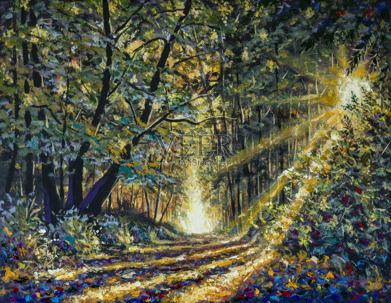 原丙烯油画印象派艺术长射线的太阳在一个美丽的阳光森林。路在公园小巷-美丽的森林阳光景观插画图片素材
