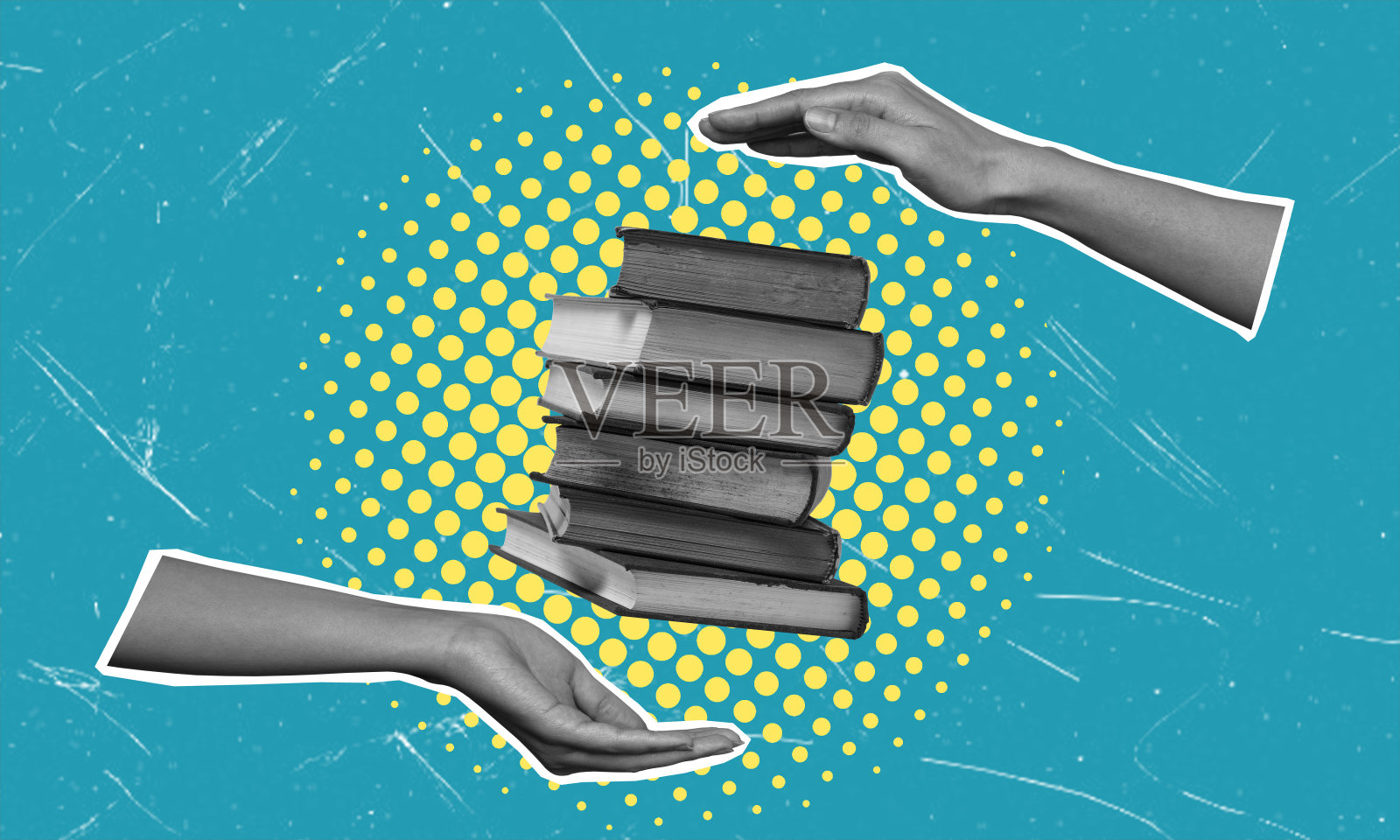 艺术拼贴画描绘手拿许多书。照片摄影图片