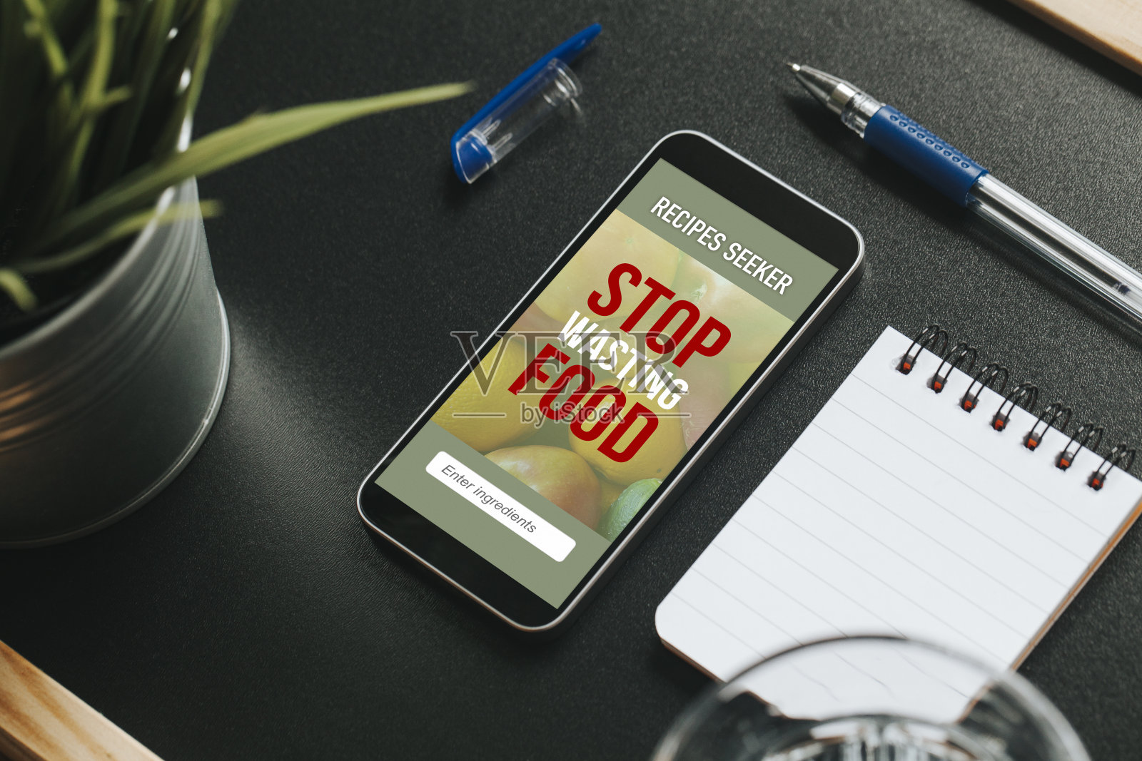 停止浪费食物手机应用程序。照片摄影图片