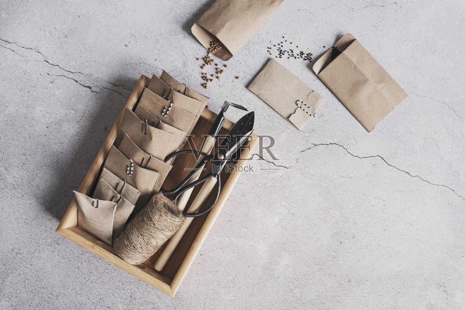 春季播种准备的极简俯视图-在灰色中性背景上手工制作的纸袋中的种子。园林美学。照片摄影图片