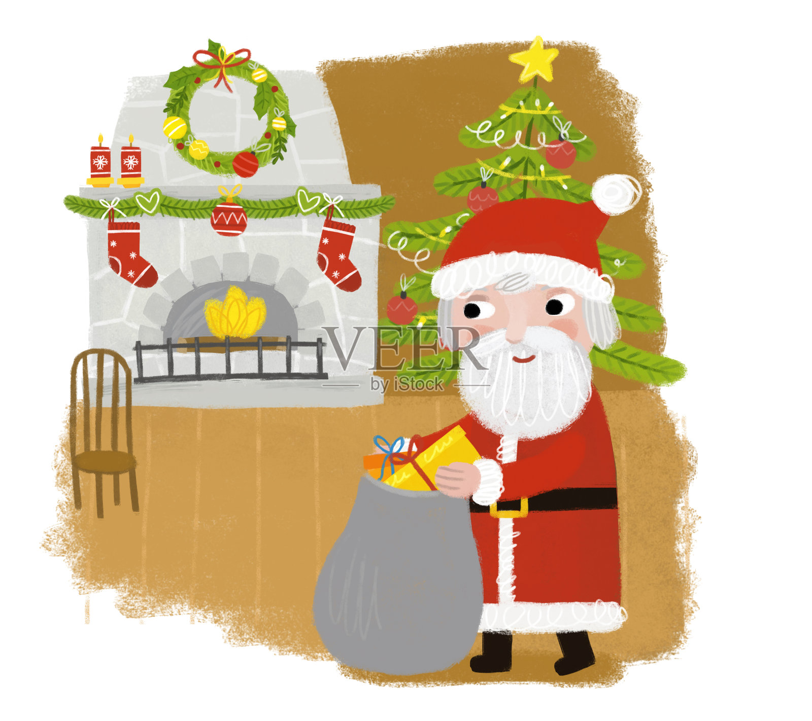 卡通快乐的圣诞场景，欢快的圣诞老人带着礼物站在壁炉旁为孩子们插图插画图片素材