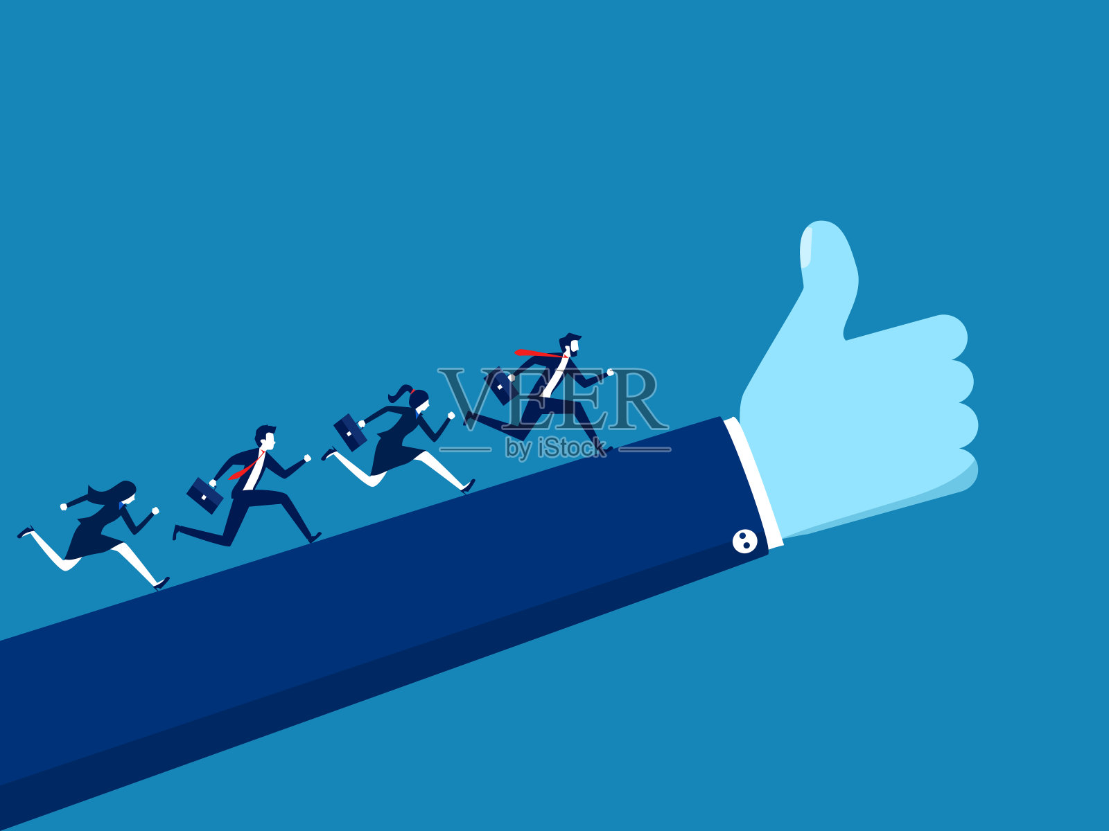 优秀的机会。一队商人沿着一条竖起大拇指的大手跑着插画图片素材