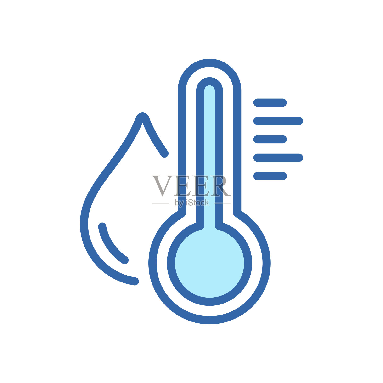 水温指示线颜色图标。水银温度计和水滴线性象形图。温度和湿度水平轮廓图标。可编辑的中风。孤立矢量插图。插画图片素材