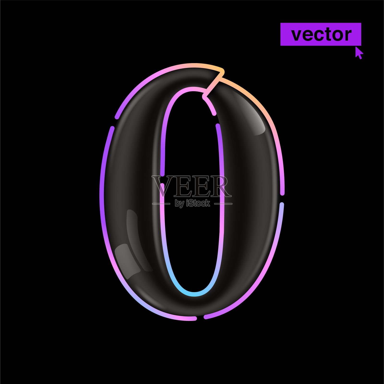 0标志。光滑的黑色零数字图标与生动的霓虹灯线。彩虹梯度徽章超级销售横幅。插画图片素材