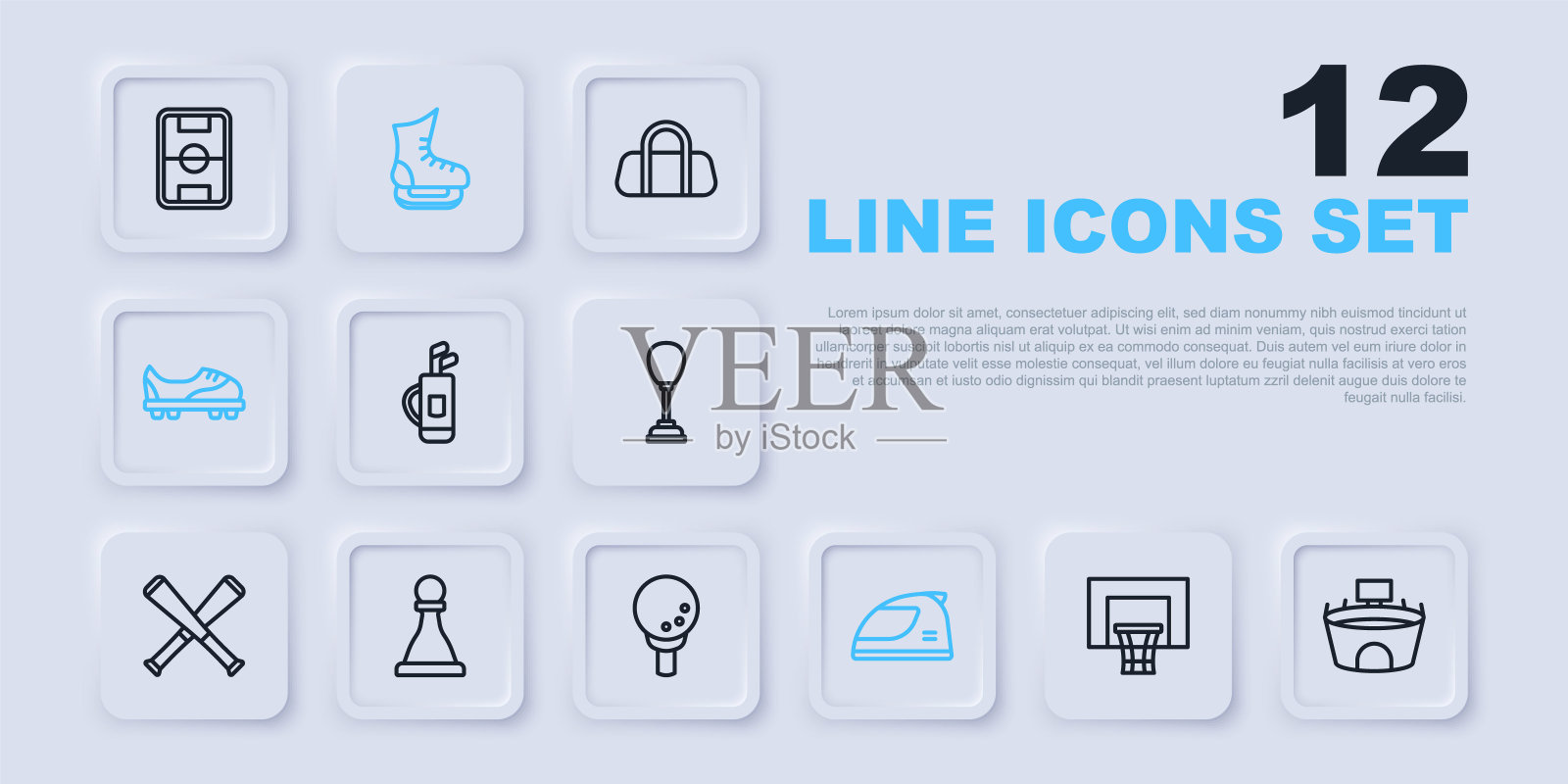 设置线篮球背板，体育场，高尔夫球袋与俱乐部，赛车头盔，足球鞋，国际象棋，溜冰鞋和tee图标。向量插画图片素材