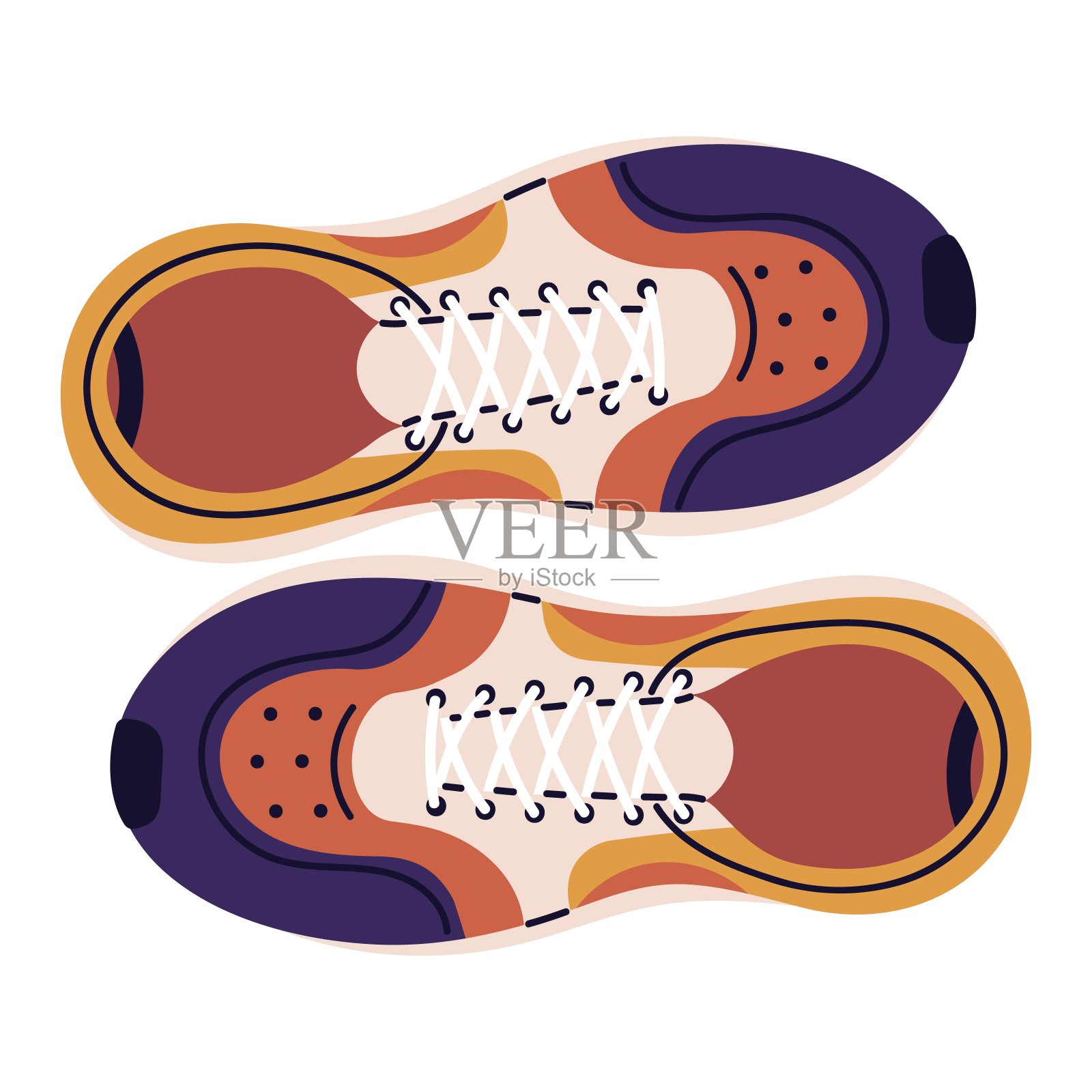 时尚运动鞋与鞋带顶视图。多色跑鞋、健身靴。时尚运动鞋适合步行。运动风格的现代鞋类模型。平面隔离矢量插图上的白色插画图片素材