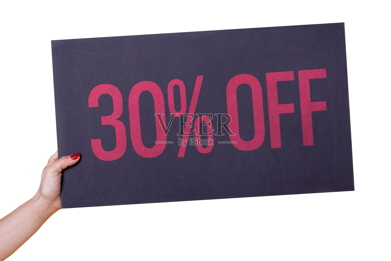 一名女子手拿着一张白底30%黑色的海报。影棚拍摄。商业概念。照片摄影图片