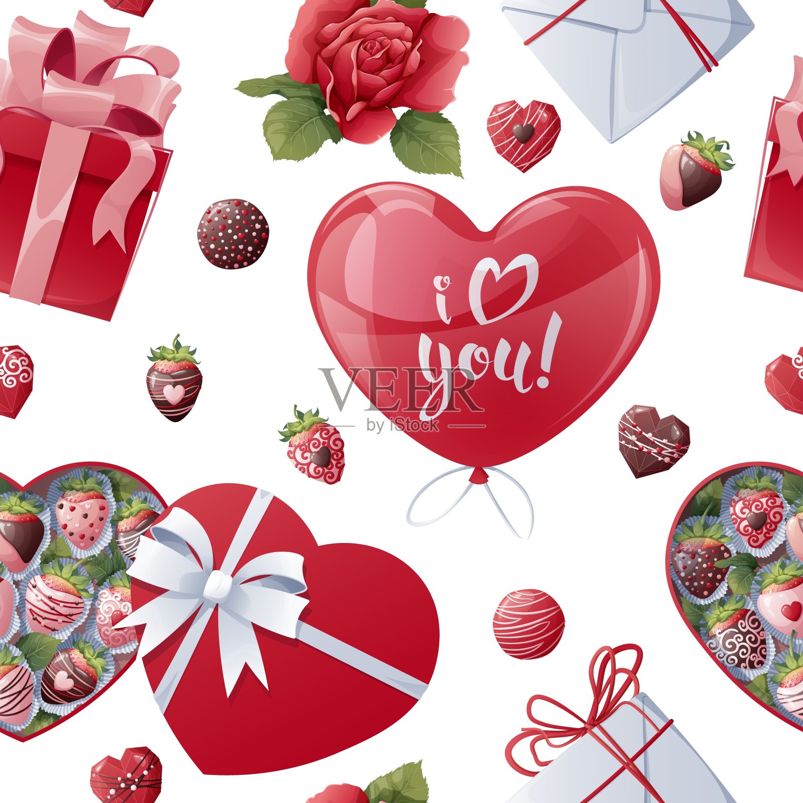无缝图案礼品盒，气球，草莓，心形糖果。适用于包装纸，织物，墙纸，纺织品。情人节背景。插画图片素材