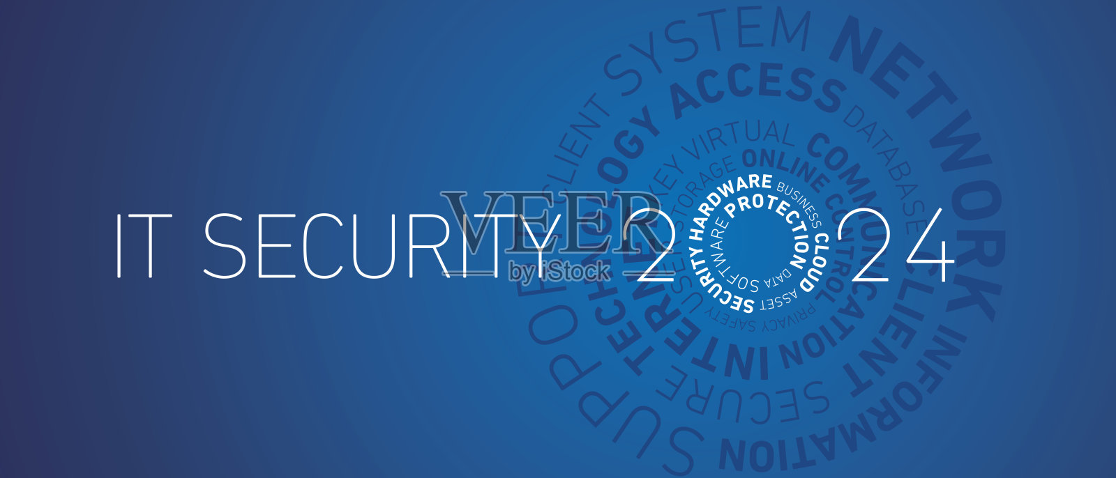 IT安全2024新年抽象轮圈字云文本白色闪亮的火花烟花大胆的光排版蓝色贺卡横幅插画图片素材